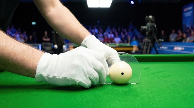Referee hands in white gloves using a clear plastic ball marker to mark the exact position of the white cue ball on a green snooker table