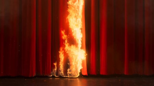 Slow motion static shot of red curtain burning as flames rise and smoke pours out on theater stage