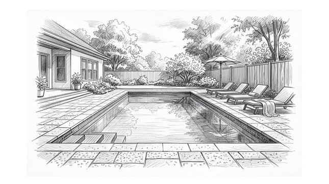 Pencil sketch of a luxury swimming pool in backyard with lounge chairs and house landscape
