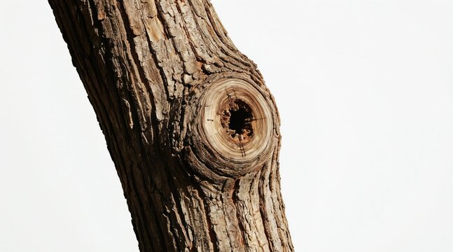 Close view of tree bark with hole on white background. Natural wood texture with rough cracked surface. Organic detail, rustic design element.