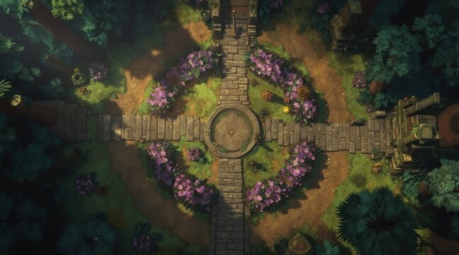 Top view of a mystical forest clearing with stone paths, a central well, and purple flowers. This is a fantasy battle map for RPG games, ideal for tabletop adventures and virtual tabletop backgrounds.