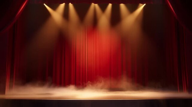 Static shot of red theater stage with closed curtains and rising fog under warm spotlights in proscenium auditorium at evening