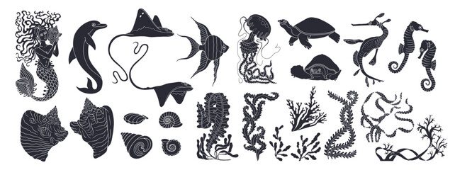 Black and white silhouette Ocean life and mermaid hand drawn vector illustration bundle. Sea animals and seaweed clipart big set © akini