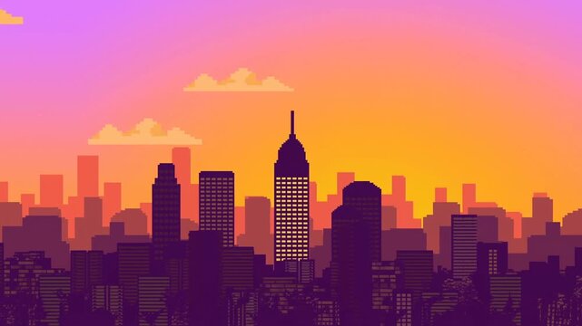 Panning shot of pixel art city skyline slowly scrolling across horizontal horizon at sunset with retro gradient sky and silhouetted skyscrapers in urban downtown illustration