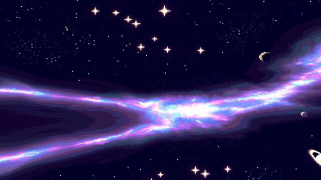Tracking shot of colorful nebula stream sweeping across starfield past multiple planets and asteroids in deep outer space background