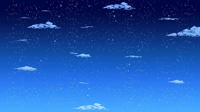 Panning shot of animated night sky with drifting pixel clouds and twinkling stars across blue gradient horizon
