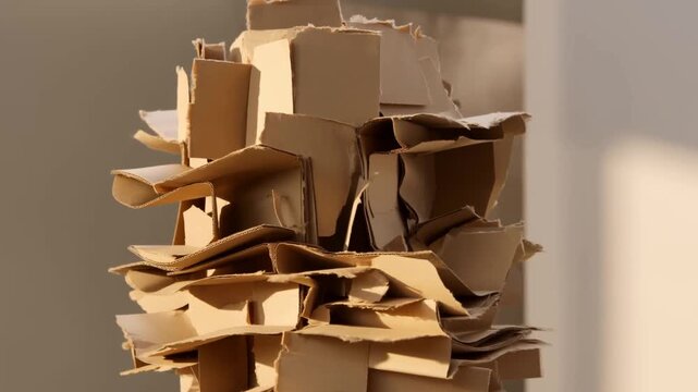 Slow dolly shot of stacked torn cardboard pieces collapsing and settling in indoor studio with soft directional light