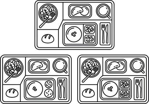 Black line art of three different meal trays with food