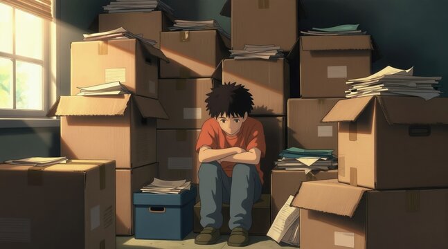 Young man sits alone surrounded by stacks of moving boxes and papers. Sunlight streams through window illuminating room chaos. He appears sad and overwhelmed by clutter and possessions.