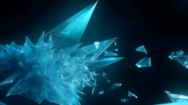 Slow motion tracking shot of crystalline shards exploding and fragmenting in deep space void with glowing blue translucent ice structure