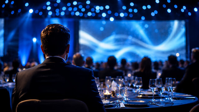 Corporate gala dinner event with professional audience, elegant ballroom banquet with blue stage lighting, formal business conference awards ceremony isolated on White Background ai