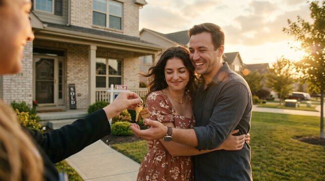 Happy young couple receiving keys to their new suburban home from a real estate agent at sunset on a warm summer evening, celebrating homeownership milestone.