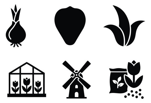 Gardening Icons Set Including Onion Seed Leaves Greenhouse Windmill And Fertilizer Bag Silhouette agriculture bulb