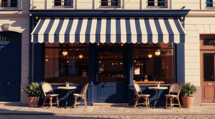 Obraz na płótnie Canvas European cafe storefront with striped awning and outdoor seating. Two rattan chairs and tables sit on cobblestone sidewalk. Building facade features classic architecture and dark blue doors.