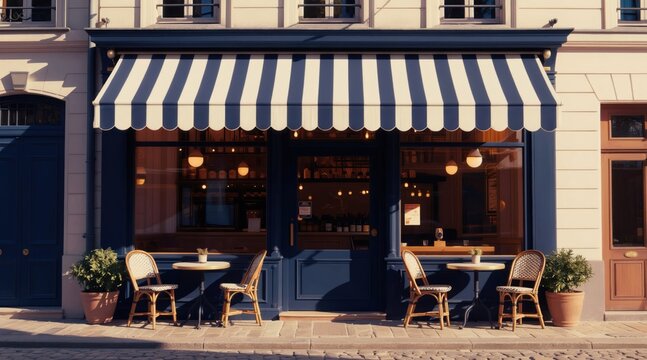 European cafe storefront with striped awning and outdoor seating. Two rattan chairs and tables sit on cobblestone sidewalk. Building facade features classic architecture and dark blue doors.