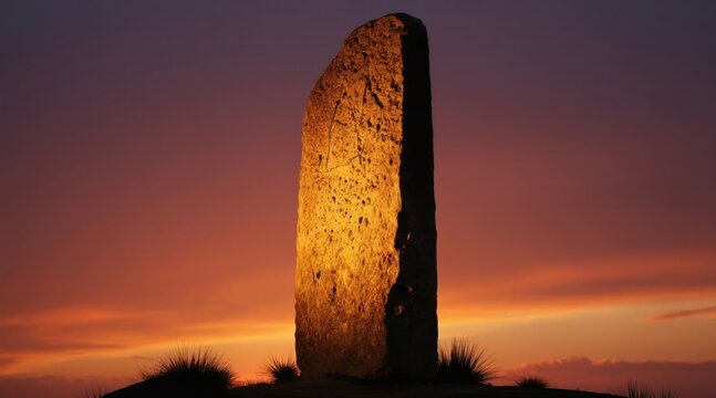 Ancient stone monolith stands tall against vibrant sunset sky. Golden hour light illuminates rough textured rock surface. Grassy hill silhouette forms base of monument.