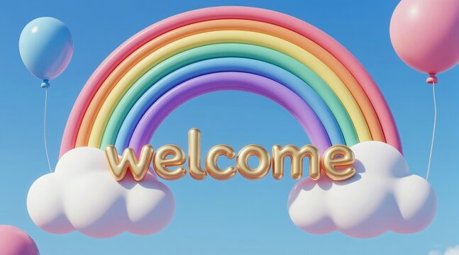 Bright rainbow with soft clouds, balloons forms cheerful welcome message. Golden letters spell welcome. Sky background with pastel colors creates happy, inviting atmosphere for celebration event.
