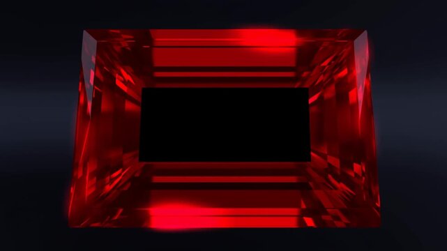 Slow motion close up of faceted red gemstone rotating on dark reflective surface in studio showcase with refractive highlights and glossy square prism profile
