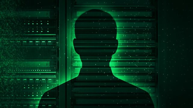 Tracking slow dolly shot of anonymous silhouette standing and scanning server racks inside data center with green backlit digital particles and grain