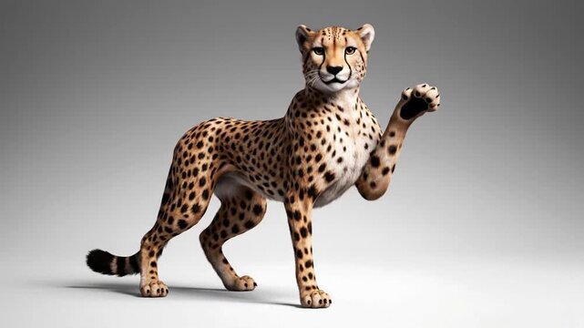 Cheetah performs a dance in computer-generated imagery with realistic fur rendering and animation effects created in a studio setting
