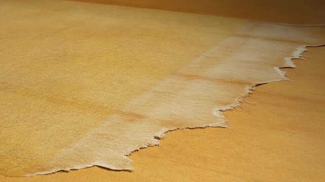 Tracking shot close up of wallpaper roll being slowly peeled and torn away revealing wooden tabletop surface in interior room with soft lighting