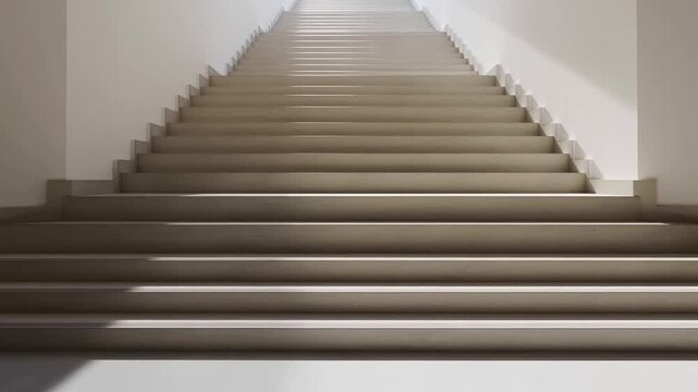 Slow dolly forward view of empty modern staircase ascending through white minimalist interior with soft directional light