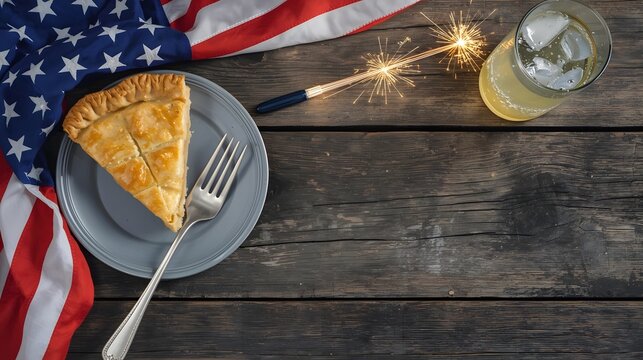 Slice of apple pie with American flag and candlelight on rustic wooden table.