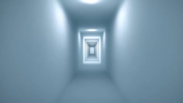Tracking shot of illuminated rectangular tunnel advancing through minimal white interior corridor with repeating geometric frames and soft ceiling lights