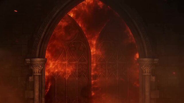 Static shot of ornate gothic arched gate with ironwork engulfed in flames and rising embers inside medieval stone hall interior