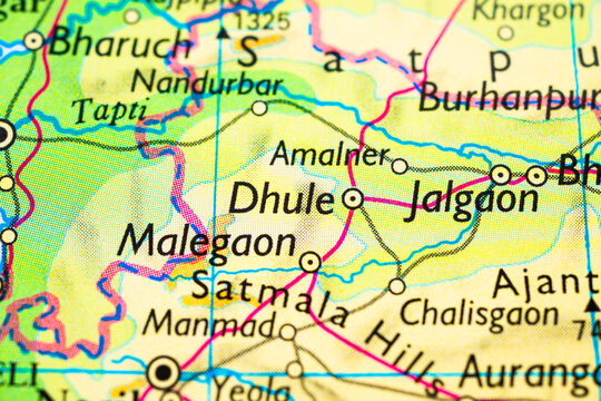Detailed printed map showing Malegaon Satana and Jalgaon Maharashtra region.