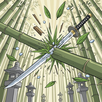 Katana Sword Slicing Through Bamboo Stalks in a Serene Forest with Japanese Lanterns.