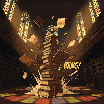 Exploding Stack of Books in a Grand Library with Comic Book Style Elements.