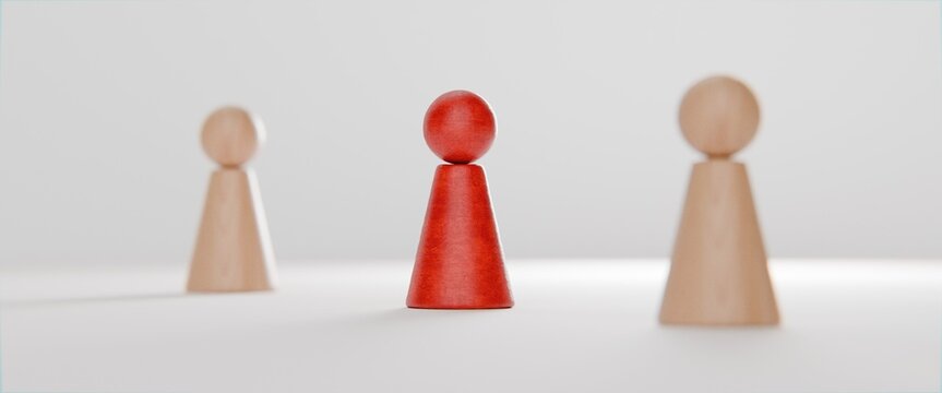 3d pawn figurines on a solid colour background with one highlighted in red, inclusion, individuality, business background