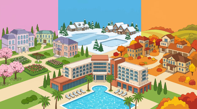 Cartoon vector illustration of luxury resort complex featuring spring gardens, summer pool area, autumn trees, and winter snowy landscape within one cohesive destination, elegant architecture