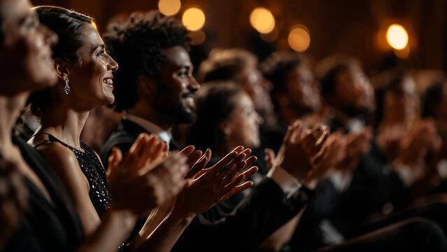 Elegant audience applauding at gala event, diverse people in formal wear clapping during theater performance, cinematic crowd at awards ceremony isolated on White Background ai