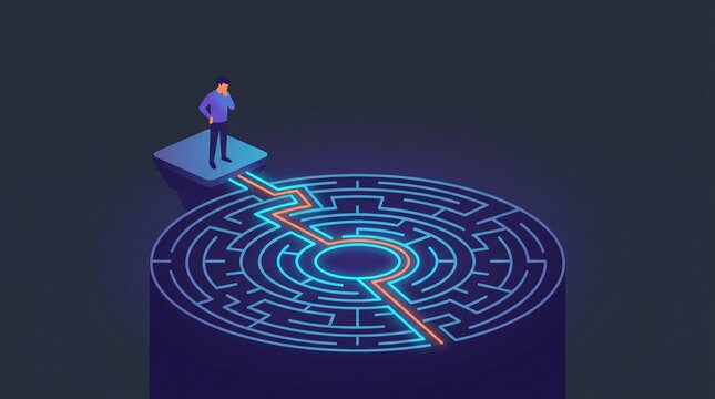 3D isometric vector illustration of a businessman looking at a glowing maze puzzle. Generative AI.