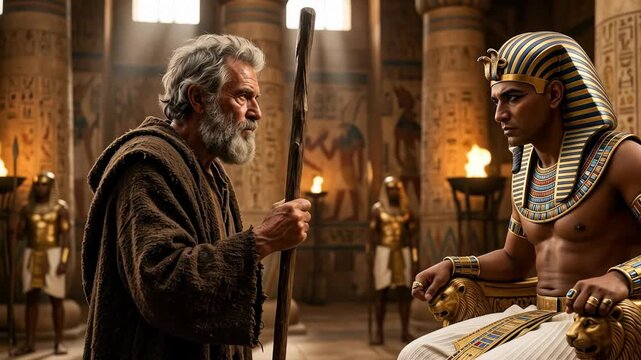 Biblical prophet Moses with a gray beard holding a wooden staff confronting the Egyptian pharaoh seated on a golden throne during a dramatic historical exodus encounter inside ancient temple