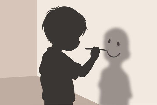 Scared Child Facing Smiling Shadow in Family Conflict and Childhood Trauma Concept Illustration