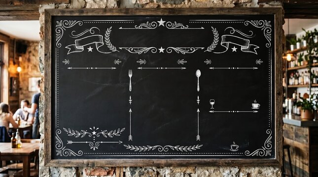 An ornate blank chalkboard menu with white chalk illustrations of cutlery, stars, and scrolls, mounted on a stone wall in a cozy restaurant.