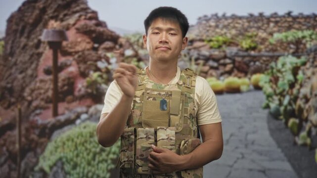Man in camouflage tactical vest points index finger while holding dogtag and standing before a rocky trail backdrop in studio; duty.