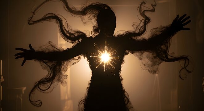 Silhouette of woman with arms outstretched and glowing light on her chest surrounded by flowing hair and smoke like tendrils in a dark room