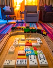 Fototapeta premium Colorful Toy Train and Domino Pieces Arranged on Wooden Table in Cozy Living Room