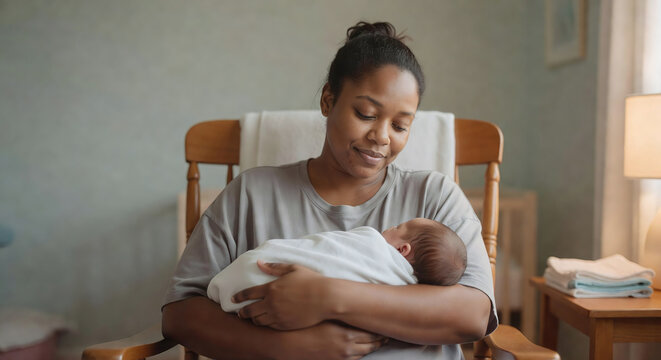 New mother holding sleeping newborn in nursery rocking chair