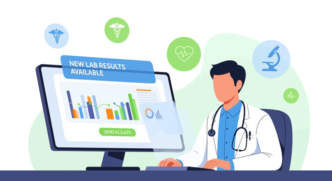 Doctor reviewing new lab results on computer, medical icons, healthcare technology concept