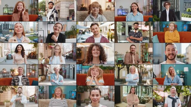 Portrait collage of happy joyful people men women diverse gender different ages ethnicity smiling friendly, glad expression looking at camera dreaming, resting, relaxation feel satisfied good news.