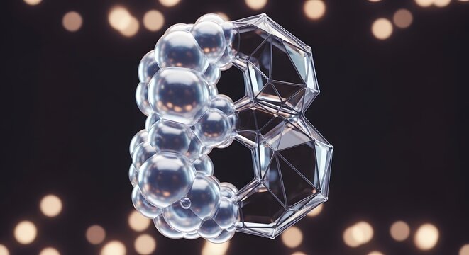 Molecular structure model with clear spheres and hexagons on dark background with bokeh lights