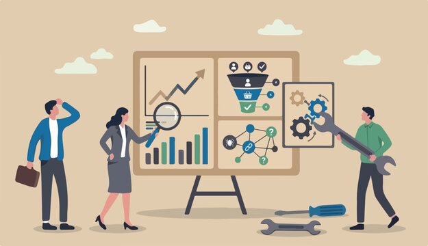 Data analysis and optimization for SEO, marketing research user customer behavior, analyze business trend concept, business people using magnifier and optimize tools analyze chart and graph