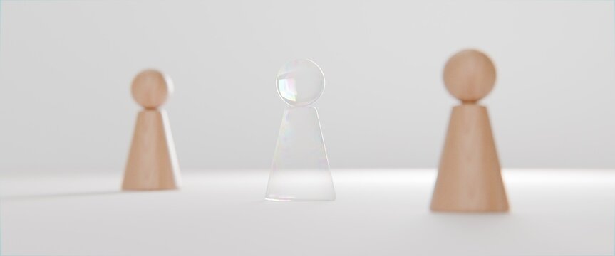 3d pawn figurines on a solid colour background, inclusion, individuality, business background