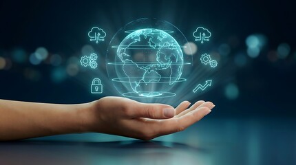 Fototapeta premium Hand holding glowing digital earth with cloud and security icons