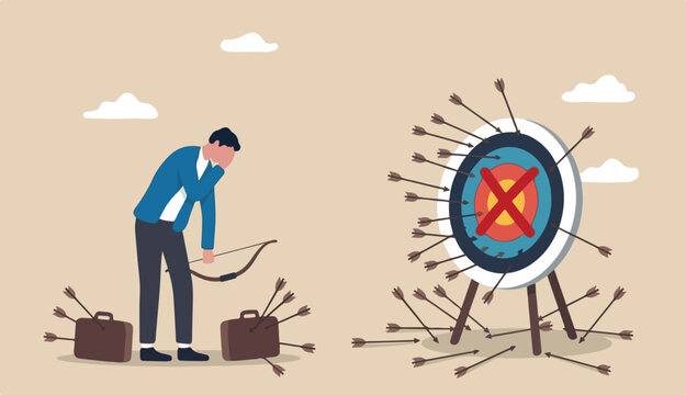 Failure missed all business target, loser mistake or error, unsuccessful, despair disappointment from losing opportunity concept, frustrated businessman archery disappoint on his off target arrows